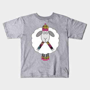 Cosy Winter Sheep With Pink, Blue and Yellow Tartan Hat, Scarf and Boots Kids T-Shirt